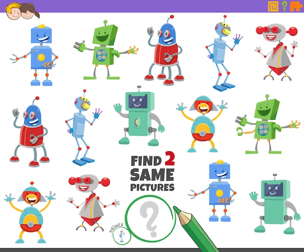 プレミアムベクター 子供向けの2つの同じロボットキャラクターゲームを見つける