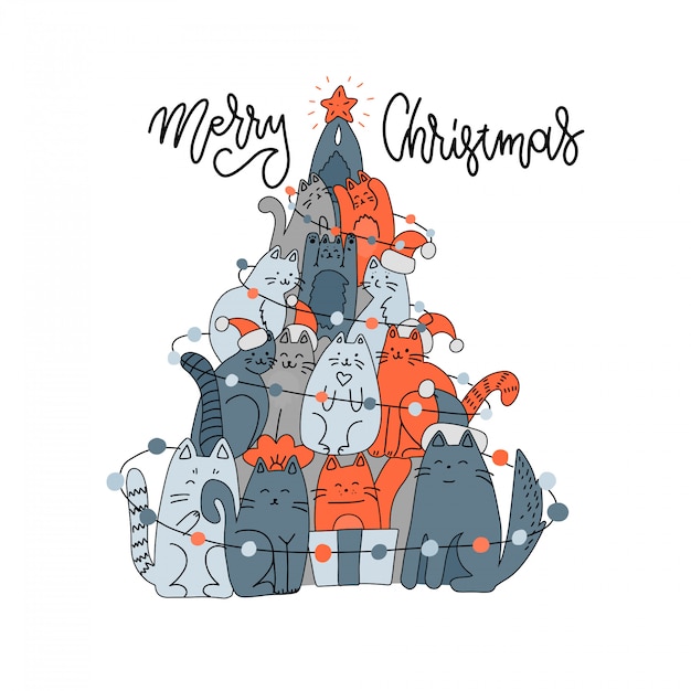 猫で作ったモミの木 ペットのトウヒ 猫からのクリスマスツリー 新年fkat落書き手描きイラスト 挨拶文メリークリスマスをレタリングでかわいい動物のマスパターン プレミアムベクター