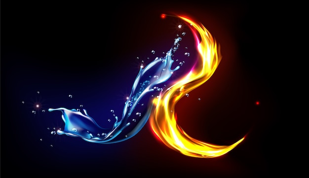 火と水のしぶきの抽象的なデザイン 反対の団結の概念 水しぶきの滴と燃える波と黒い背景に分離された飛んでいる火花の燃える波リアルな3dイラスト 無料のベクター