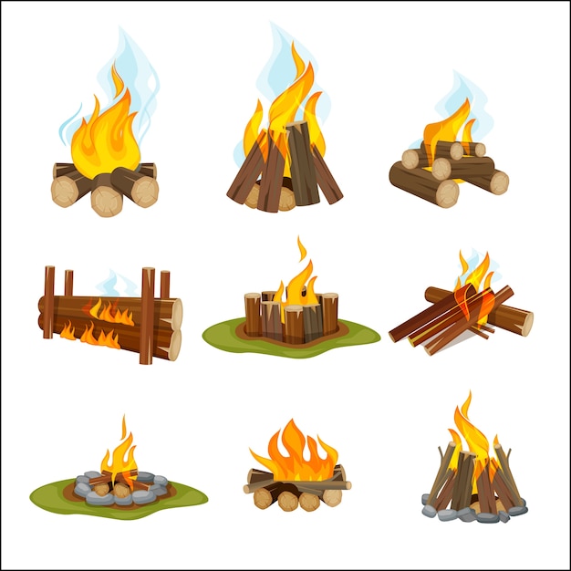 ファイアーキャンプ 木製暖炉たき火ライトハイキングシンボル旅行コレクション自然炎漫画コレクション 暖炉とキャンプファイヤー 熱い薪のイラスト プレミアムベクター