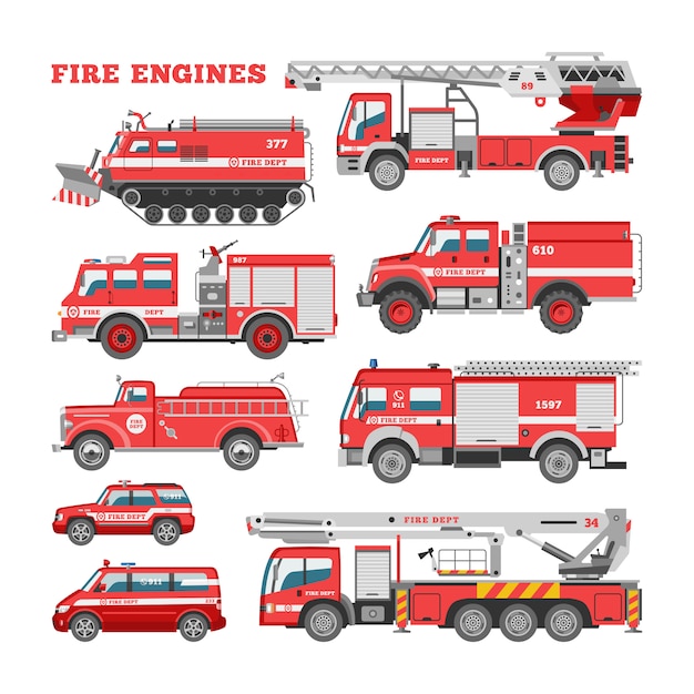 プレミアムベクター 消防車消防緊急車両または消防士の車または白い背景の消防車輸送のはしごイラストセットと赤い消防車