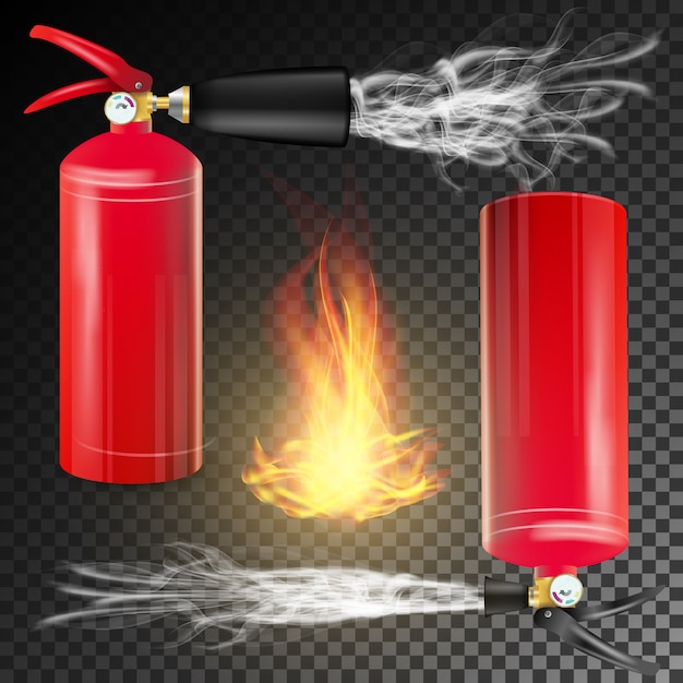 消火器のベクトル 3 Dリアルな炎と赤い消火器に署名します 透明な背景イラスト プレミアムベクター