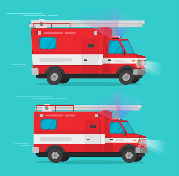 消防救急車や消防車トラックバンベクトルイラストフラット漫画クリップアート プレミアムベクター