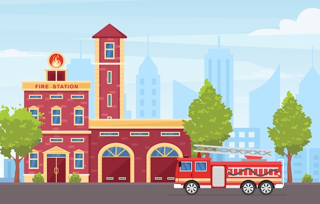 消防署の建物の外観カラフルなイラスト大きな赤い緊急車両 プレミアムベクター