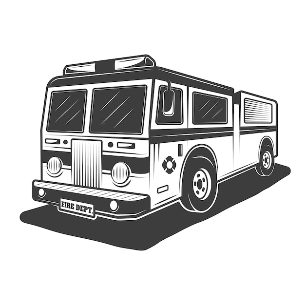 白い背景の上のモノクロヴィンテージの消防車のイラスト プレミアムベクター