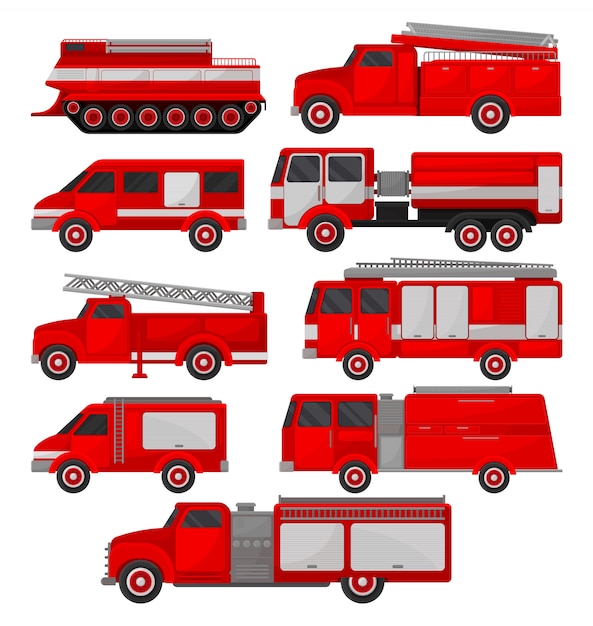 消防車セット 緊急車両 白い背景の上の側面図 プレミアムベクター