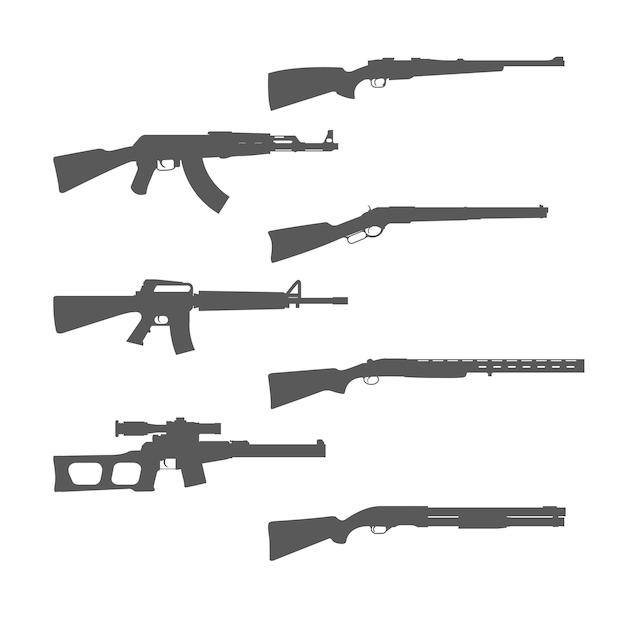 銃のシルエットコレクション ショットガン M16ライフルとハント拳銃 銃と武器 ベクトル プレミアムベクター