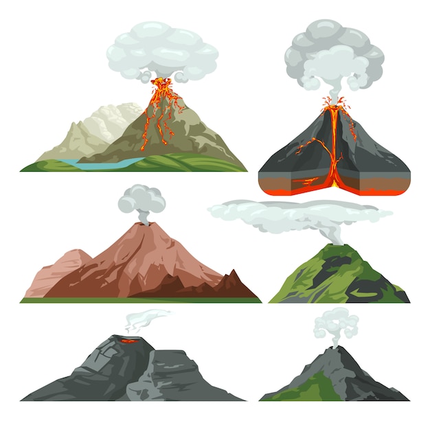 マグマと熱い溶岩で火山の山々を燃やした ほこりの雲と火山噴火はベクトルを設定します 溶岩の火山 ホットマグマの図と山の岩の火山 プレミアムベクター