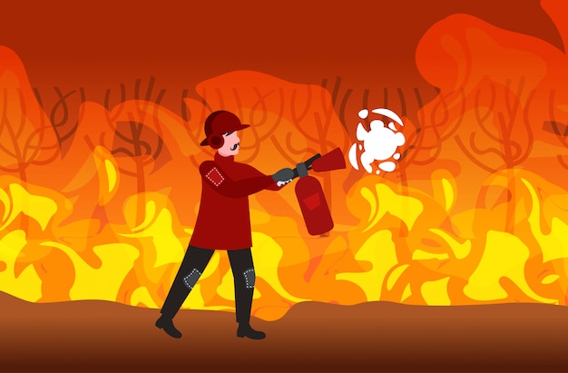 Premium Vector | Firefighter extinguishing dangerous wildfire bushfire