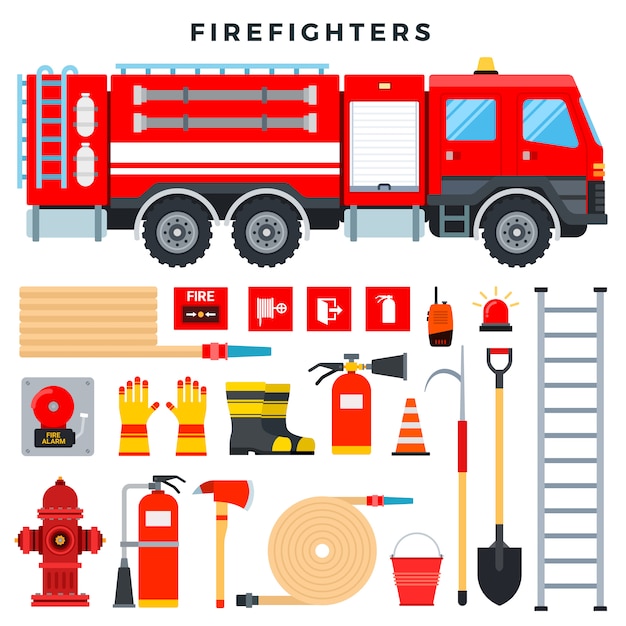 消防設備および装備品 セット 消防車 消火器 消火栓 ホース はしご ラジオ 消防用標識など プレミアムベクター