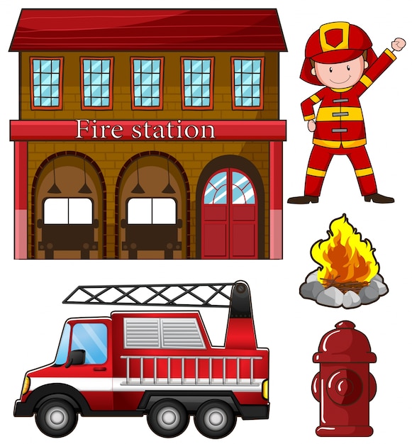 消防士と消防署のイラスト 無料のベクター