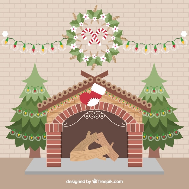 Fireplace background with nice christmas\
decoration