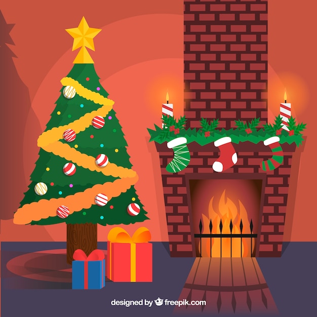 Fireplace beside a christmas tree Vector | Free Download