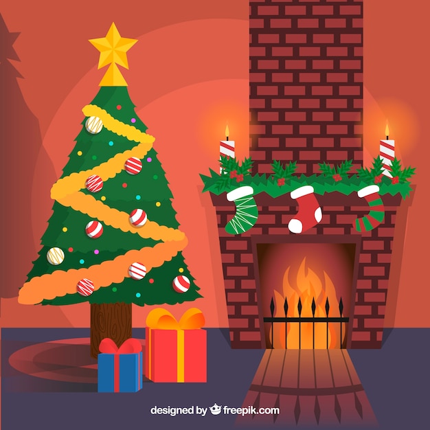 Free Vector | Fireplace beside a christmas tree