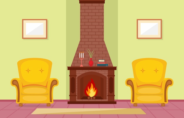 Fireplace living room family house interior furniture vector ...