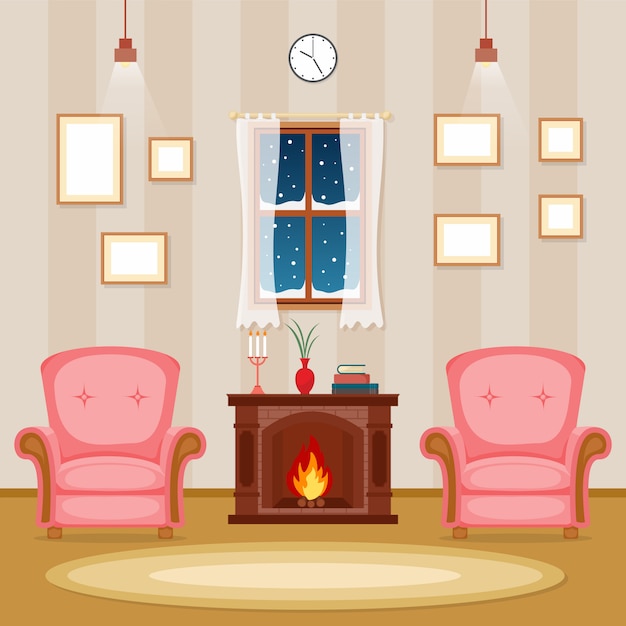 Download Fireplace living room family house interior furniture vector illustration | Premium Vector