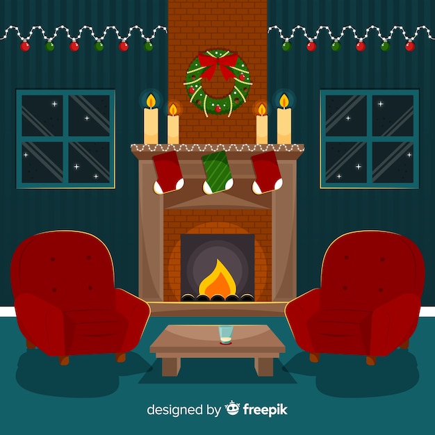 Free Vector | Fireplace scene christmas illustration