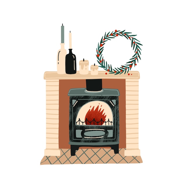 クリスマスの装飾が施された暖炉フラットイラスト お正月お祭りの雰囲気 プレミアムベクター