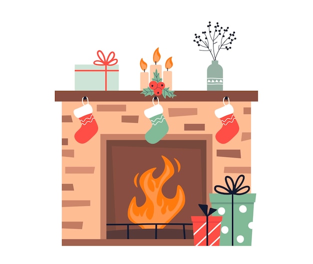 Premium Vector | Fireplace with christmas socks and holiday decorations