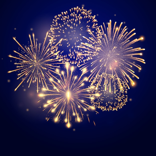 Fireworks bursting in various shapes. firework explosion in night. firecracker rockets bursting in big sparkling star balls Premium Vector