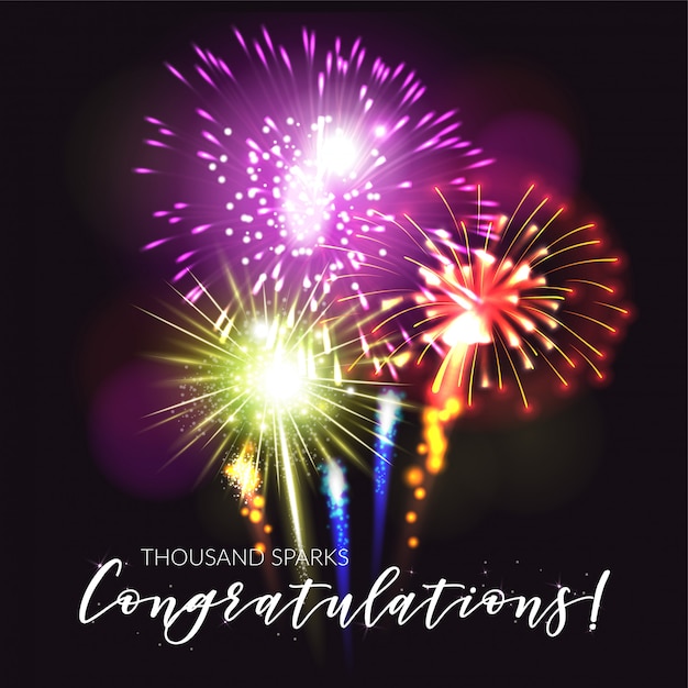 Fireworks Realistic Poster With Congratulations Fun And Celebration