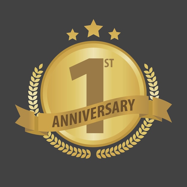Premium Vector | First 1 year anniversary golden badge and ribbon ...