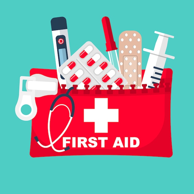 Premium Vector | First aid kit. medical equipment and medications.