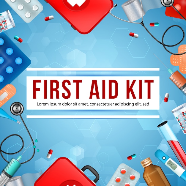 Premium Vector | First aid kit square banner, medical equipment