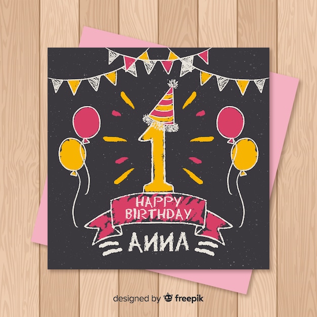 First Birthday Blackboard Balloons Card Template Vector Free Download