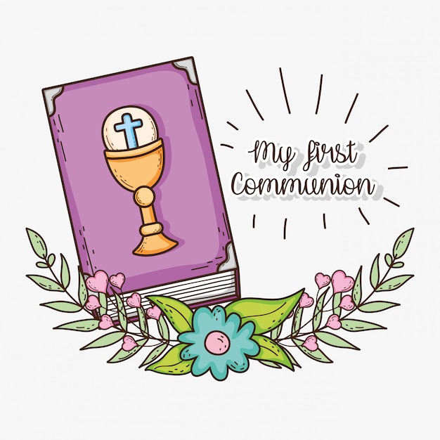 First communion with chaliz and host with cross Premium Vector