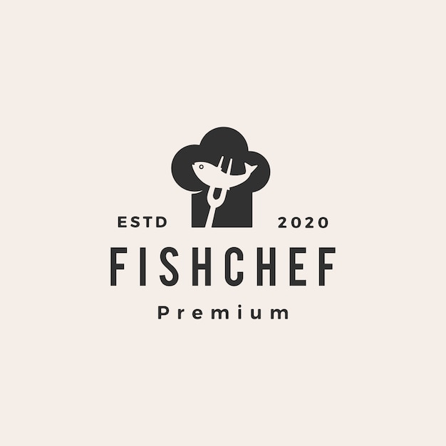 魚シェフ帽子レストランヒップスターヴィンテージロゴアイコンイラスト プレミアムベクター