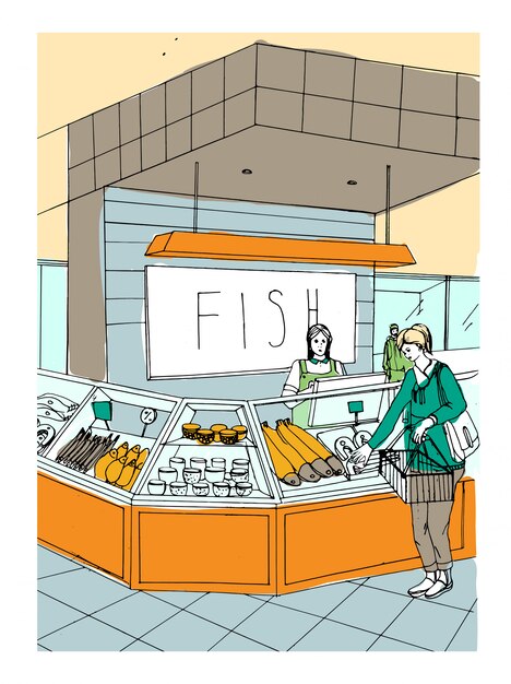 Fish department hand drawn colorful illustration. store interior with
