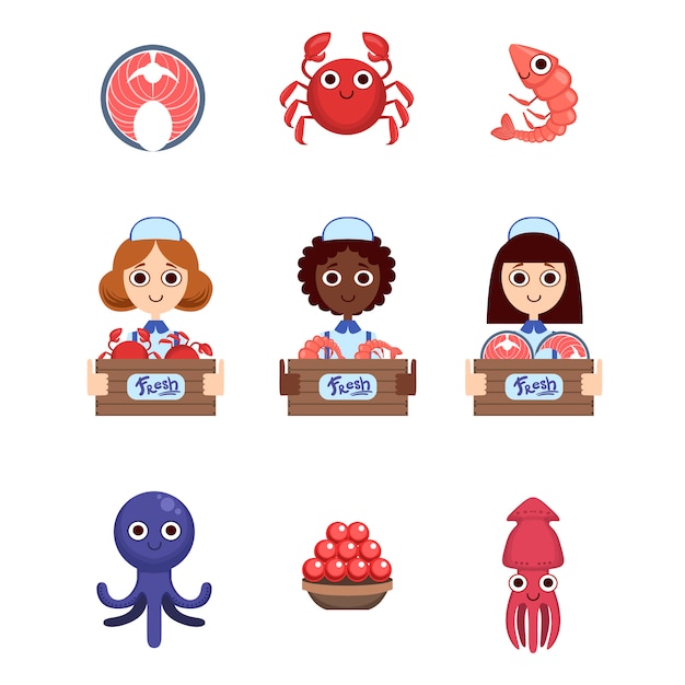 Download Fish market set with female vendors | Premium Vector