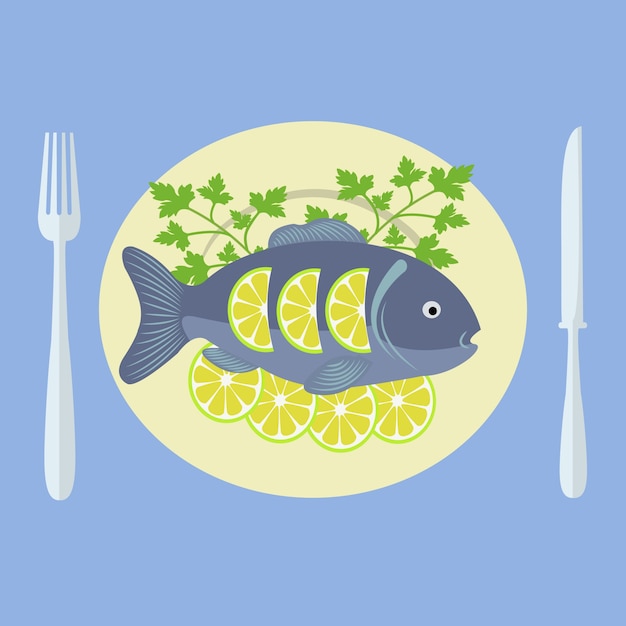 Flat design colored vector illustration of a grilled fish on plate isolated  - Stock Image - Everypixel
