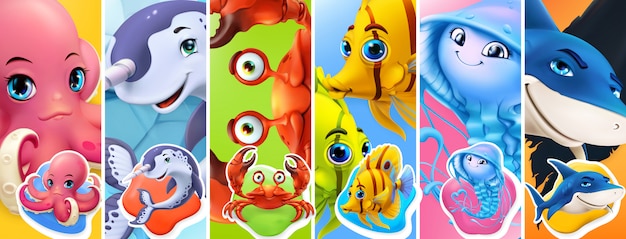 Fish and sea animals. shark, octopus, jellyfish, crab, narwhal. cartoon character 3d icon set Premiu