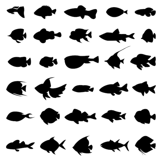 白地に黒の魚のシルエット モノクロスタイルイラストの海洋動物のセット 無料のベクター