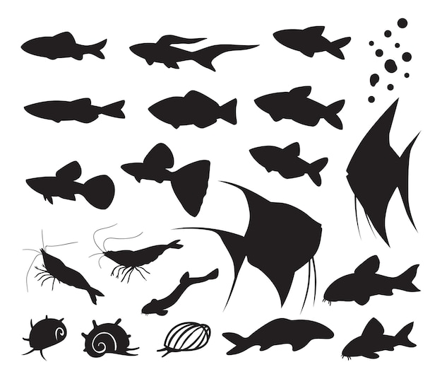 自然水族館の魚カタツムリエビのシルエットイラスト プレミアムベクター