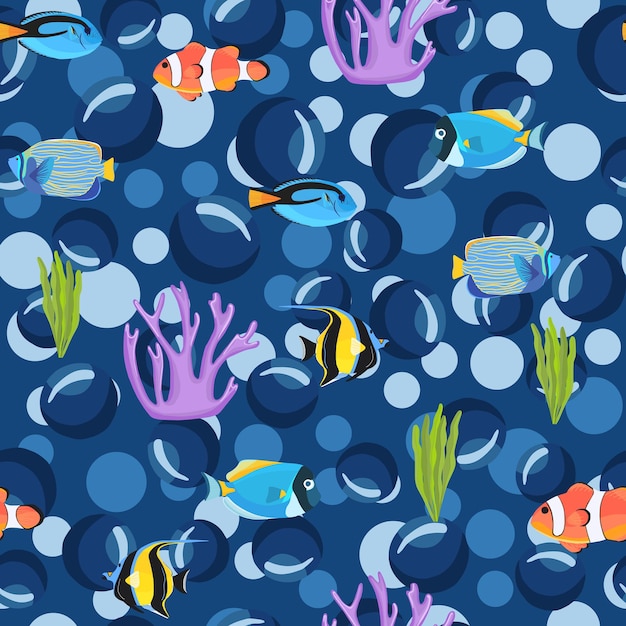泡で水中で釣ります 海底シームレスパターン 子供の背景 テキスタイルファブリックまたは本の表紙 壁紙 デザイン グラフィックアート ラッピングの魚のパターン プレミアムベクター