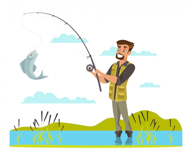 フックのイラスト 川岸の描画で男性 ゴム長靴の男の男 キャッチキャッチ 屋外レクリエーション アクティブな余暇時間で魚を捕る漁師 プレミアムベクター
