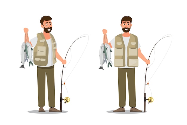  Fisherman character holding a big fish and a fishing rod