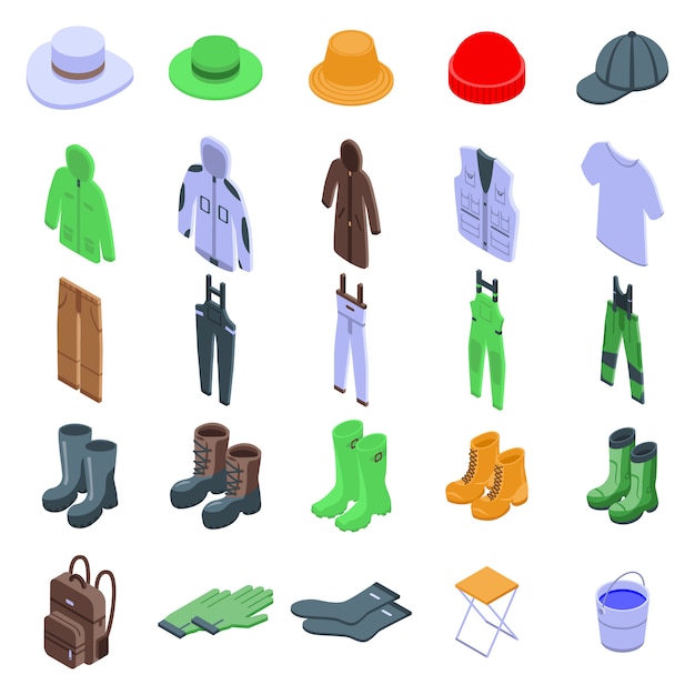 Download Free Fisherman Clothes Icons Set Isometric Style Premium Vector Use our free logo maker to create a logo and build your brand. Put your logo on business cards, promotional products, or your website for brand visibility.