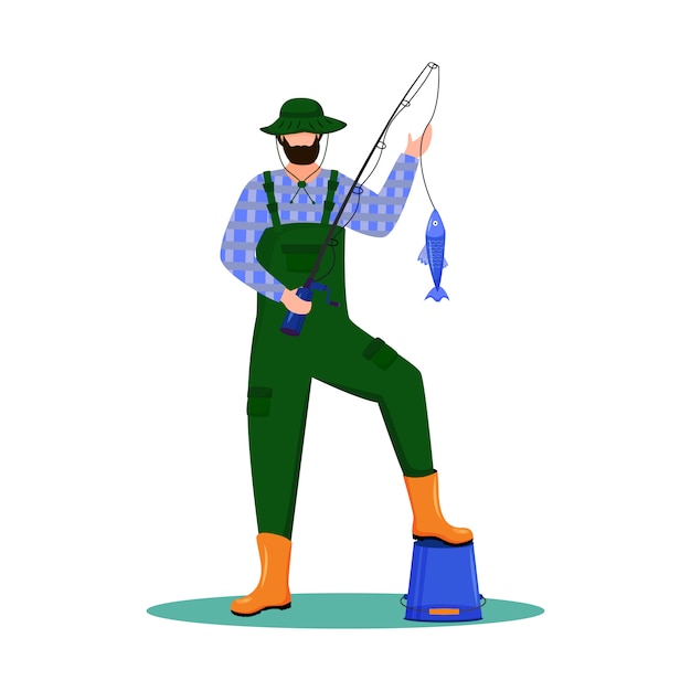 漁師フラットイラスト スポーツ アクティブレジャー 海事占領 白い背景の上の釣り竿分離された漫画のキャラクターとフィッシャー プレミアムベクター