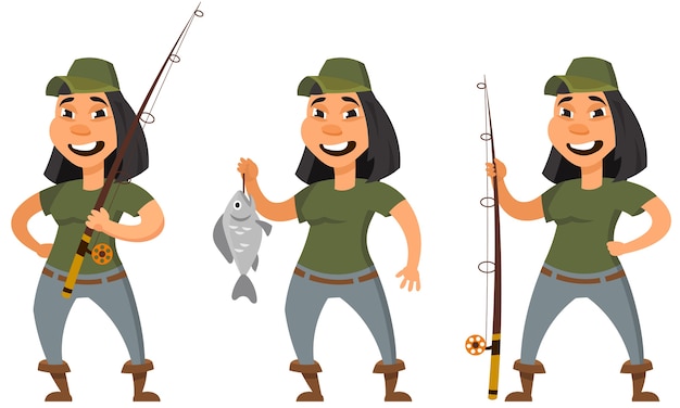 さまざまなポーズの漁師 漫画のスタイルの女性キャラクター プレミアムベクター