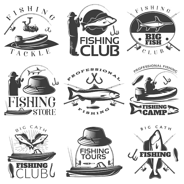 Fishing black emblem set with fishing tackle fishing club fishing store