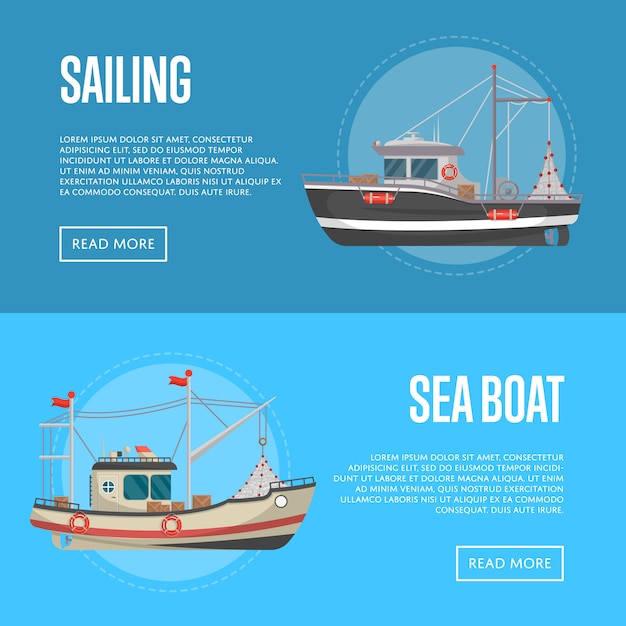 Premium Vector | Fishing business banners with small sea boats