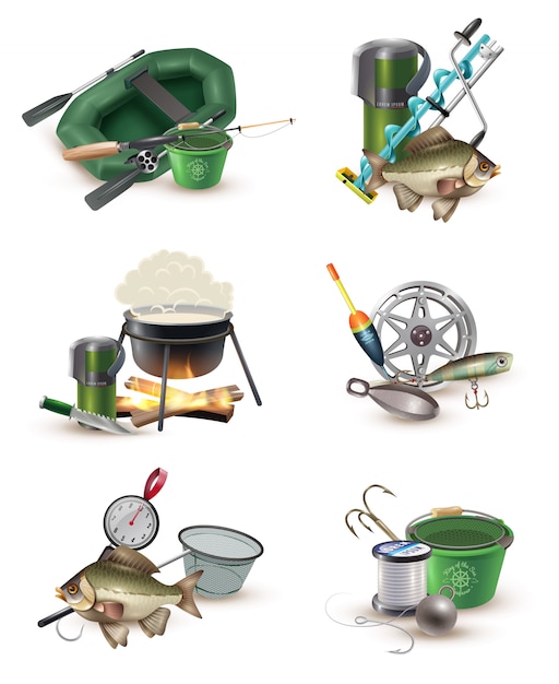 Download Fishing gear accessories 6 icons set Vector | Free Download