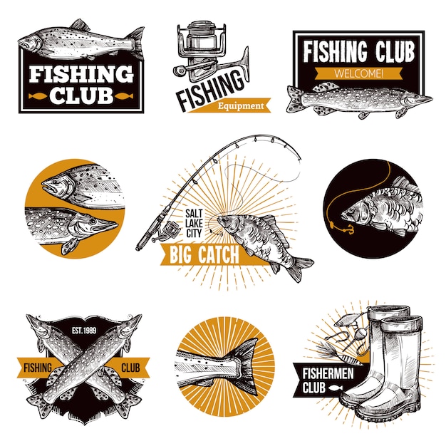 Download Fishing logo emblems set | Free Vector