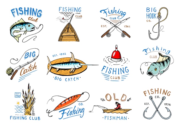 Download Premium Vector | Fishing logo fishery logotype with fisherman in boat and emblem with catched ...
