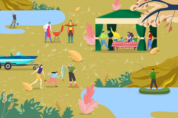 ボート 野外活動イラストで釣り人 池の湖 自然のレクリエーションの近くの家族のピクニック 男女 プレミアムベクター