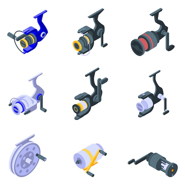 Download Fishing reel icons set, isometric style | Premium Vector